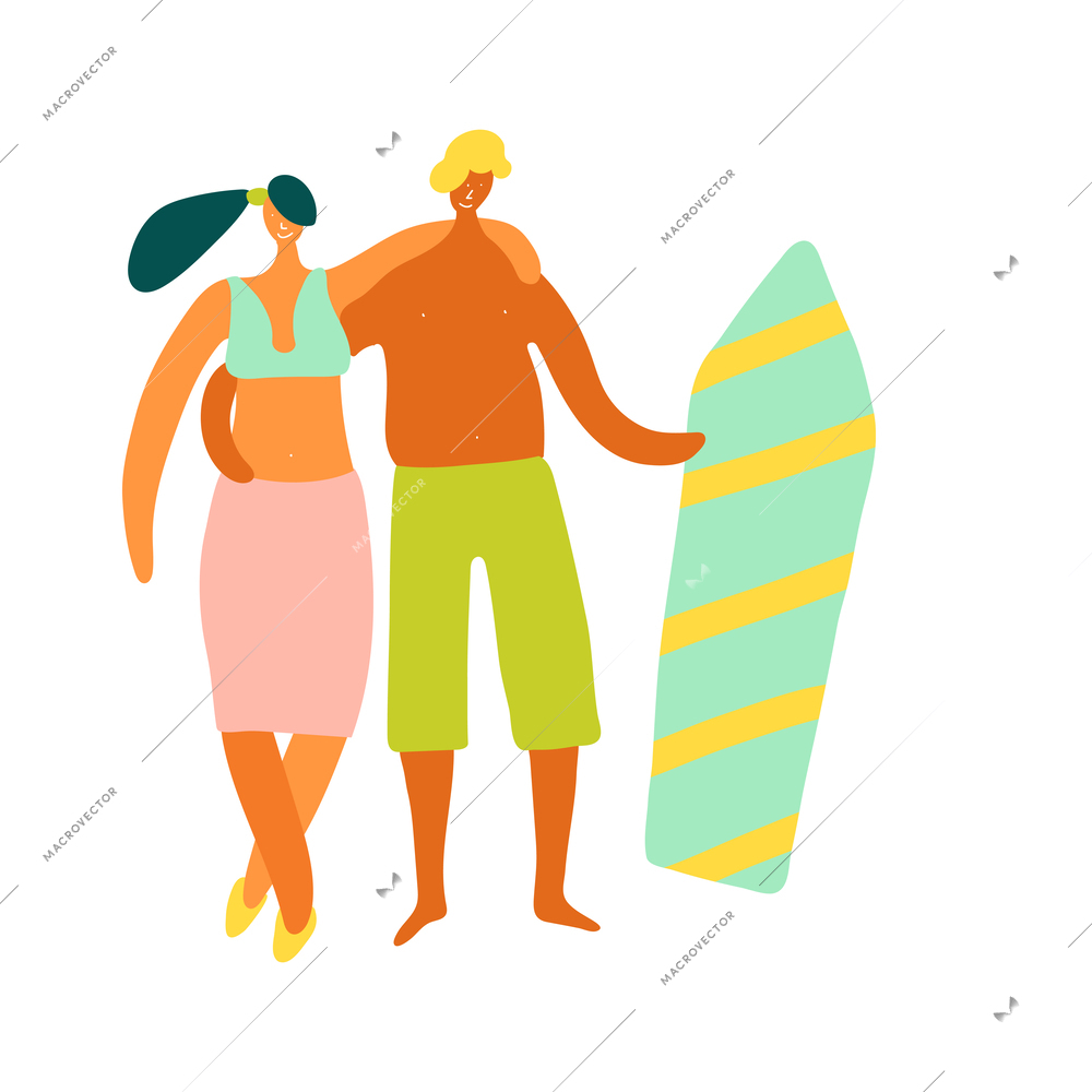 People spending holiday on beach with surfboard flat vector illustration