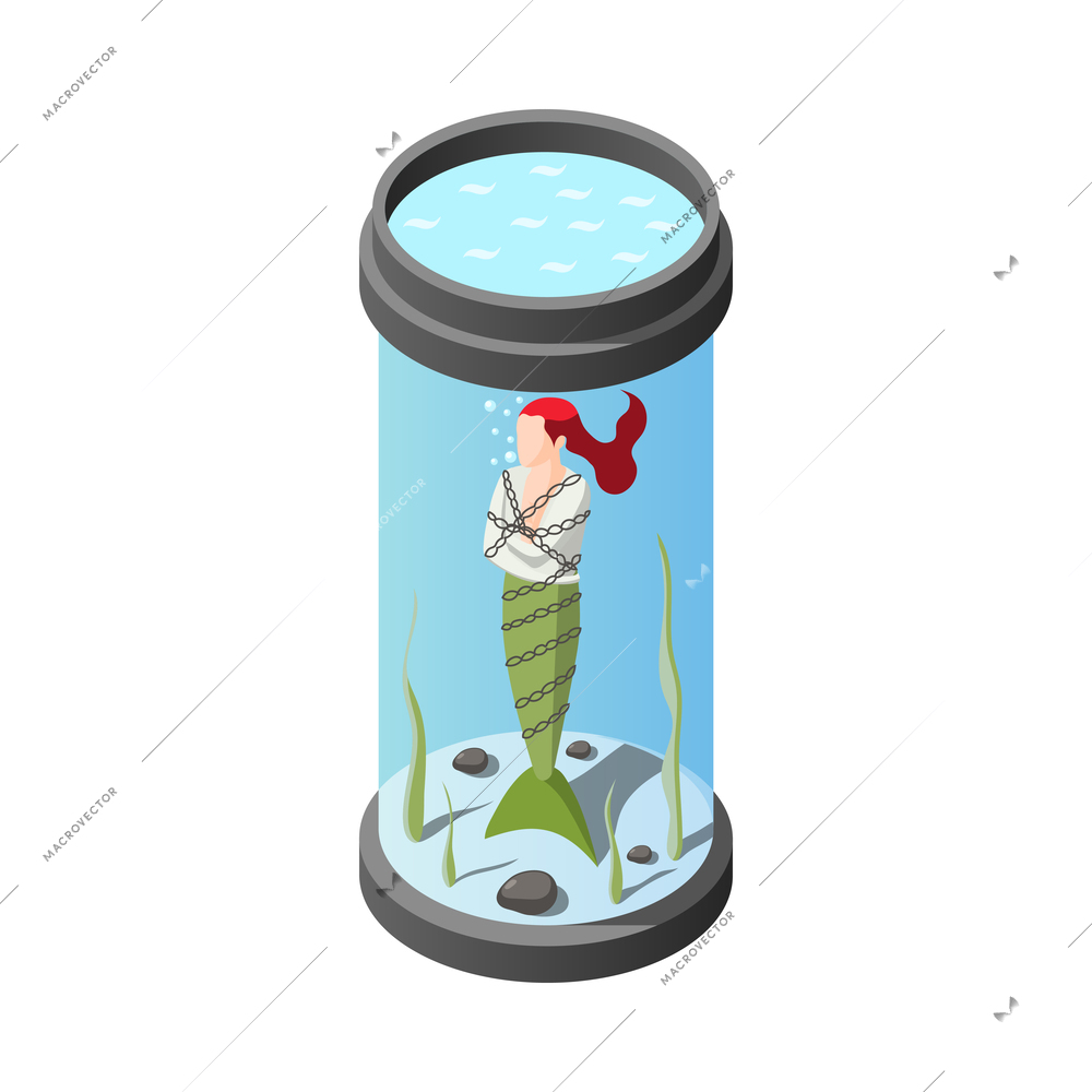 Magic show isometric icon with female performer chained mermaid in water vector illustration