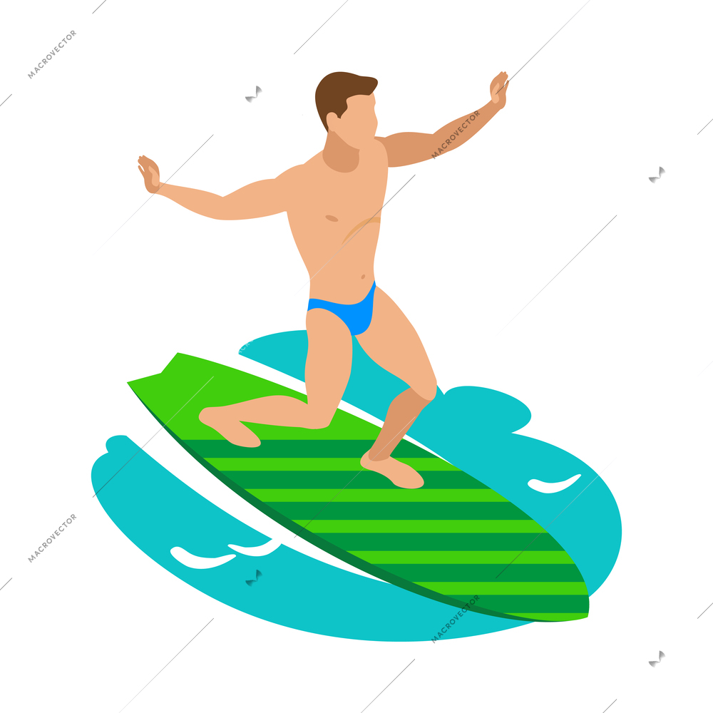 Male surfer on surfboard isometric icon 3d vector illustration