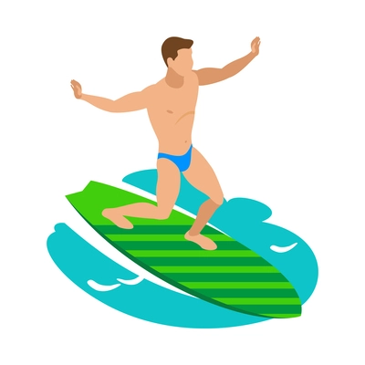 Male surfer on surfboard isometric icon 3d vector illustration