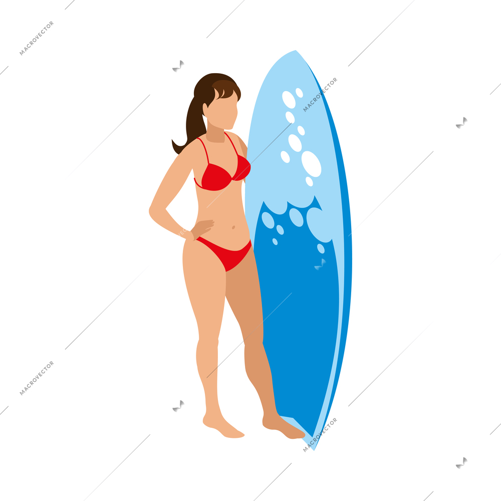 Female surfer wearing red swimsuit standing with surfboard isometric icon 3d vector illustration