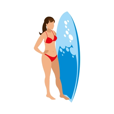 Female surfer wearing red swimsuit standing with surfboard isometric icon 3d vector illustration