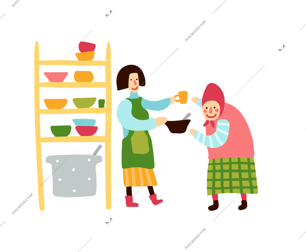 Charity soup kitchen flat concept with volunteer giving lunch to senior woman vector illustration