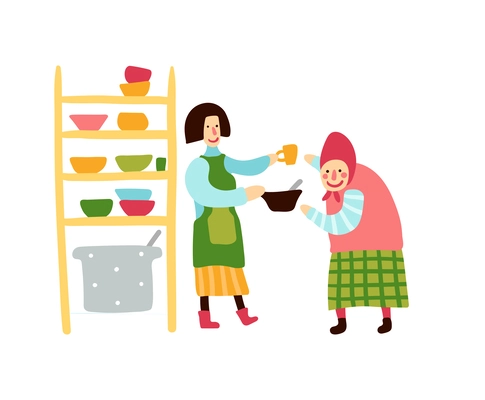 Charity soup kitchen flat concept with volunteer giving lunch to senior woman vector illustration