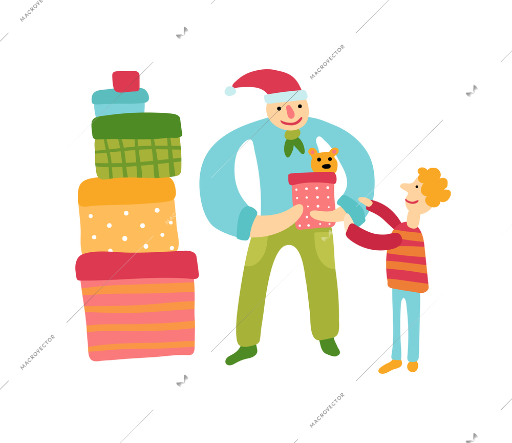 Charity flat concept with volunteer giving present to kid vector illustration