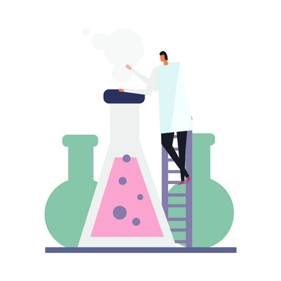 Science lab flat icon with glass flask and scientist character vector illustration