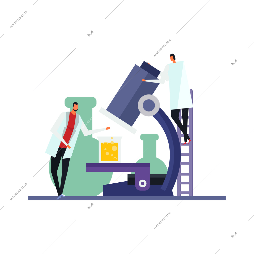 Science researching lab flat icon with scientists working with microscope vector illustration