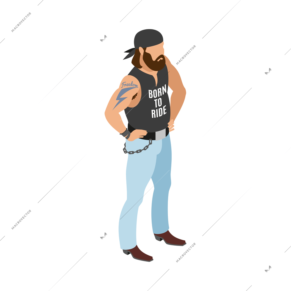 Bearded biker wearing bandana and chain on belt isometric character icon vector illustration