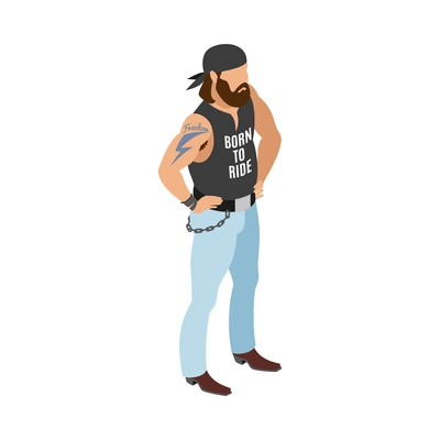 Bearded biker wearing bandana and chain on belt isometric character icon vector illustration