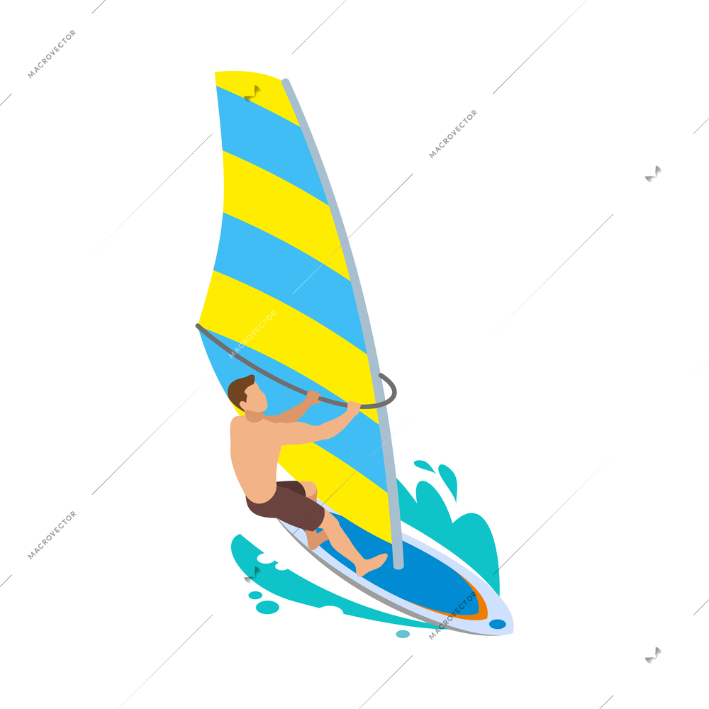 Windsurfing man isometric icon on white background vector illustration