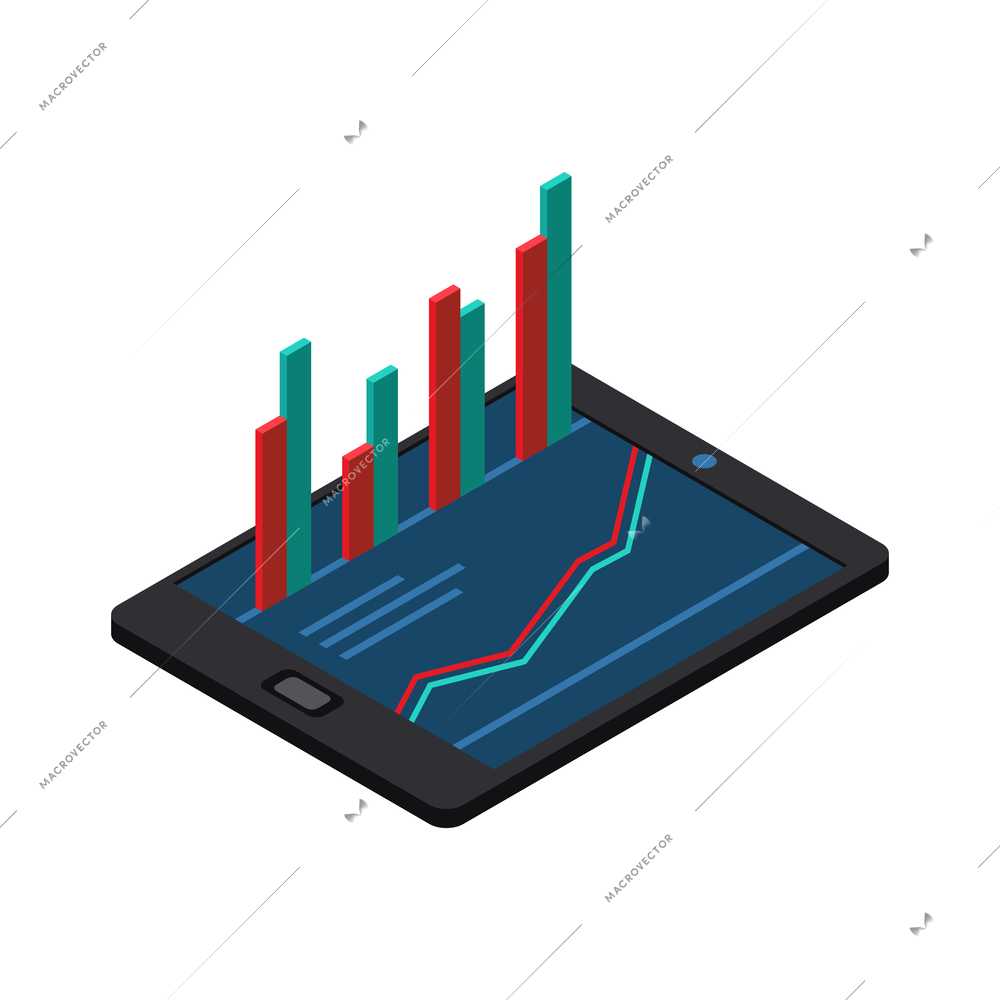 Finance technology tracking financial situation isometric icon with charts on tablet screen vector illustration