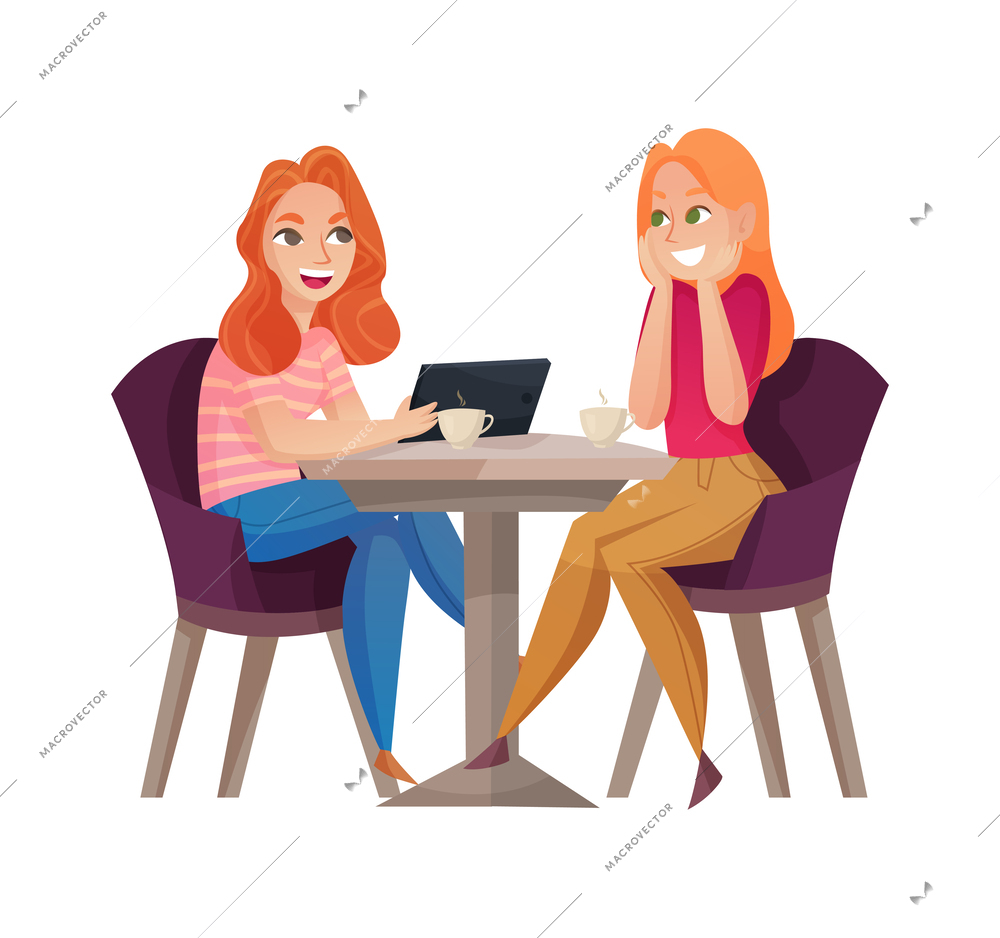 Girl chatting at cafe drinking coffee flat vector illustration