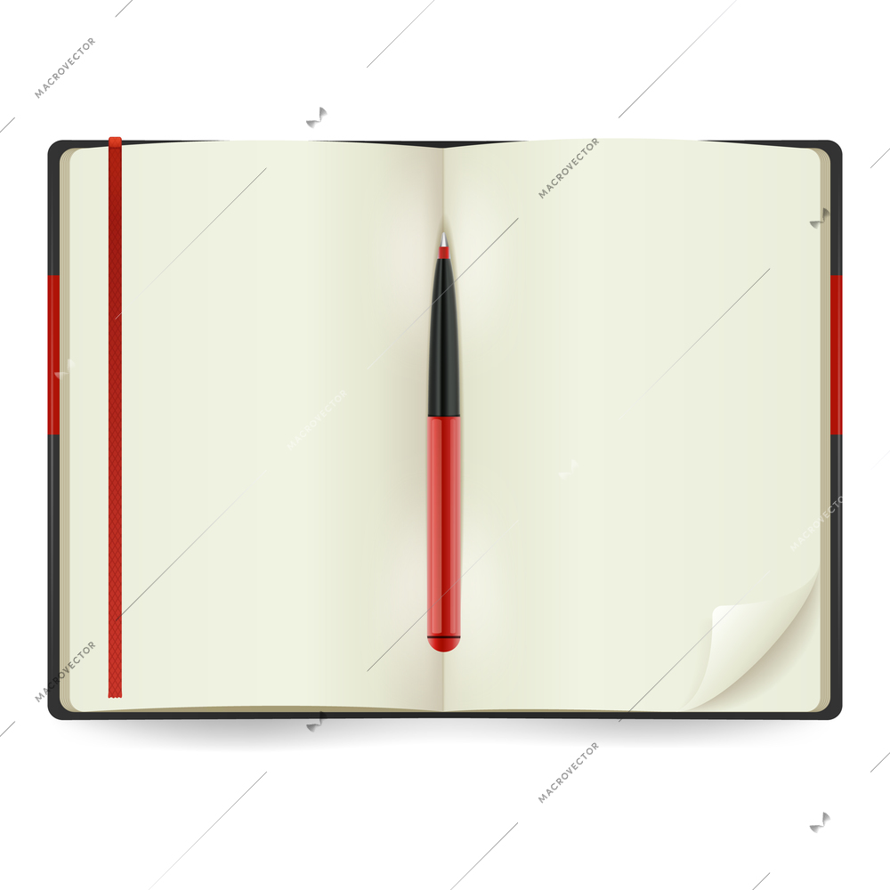 Realistic open notepad with red pen isolated on white background vector illustration