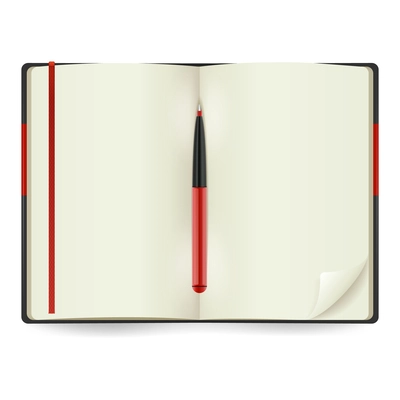 Realistic open notepad with red pen isolated on white background vector illustration