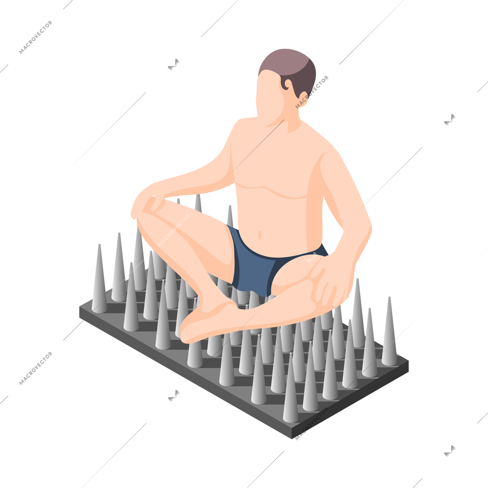 Yogi sitting in lotus position on sadhu board isometric icon vector illustration