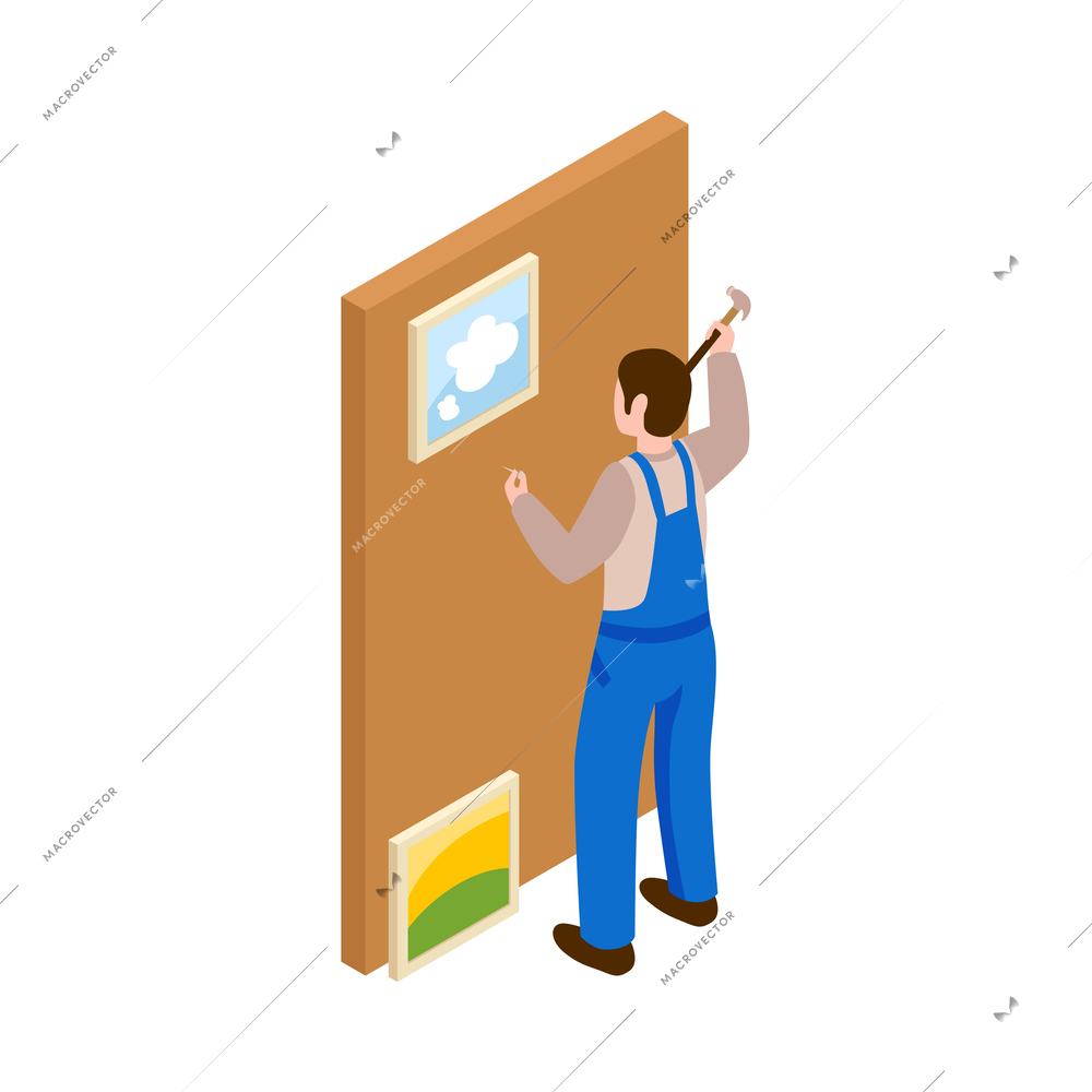 Home repair renovation remodeling service isometric icon with man hanging paintings on wall vector illustration