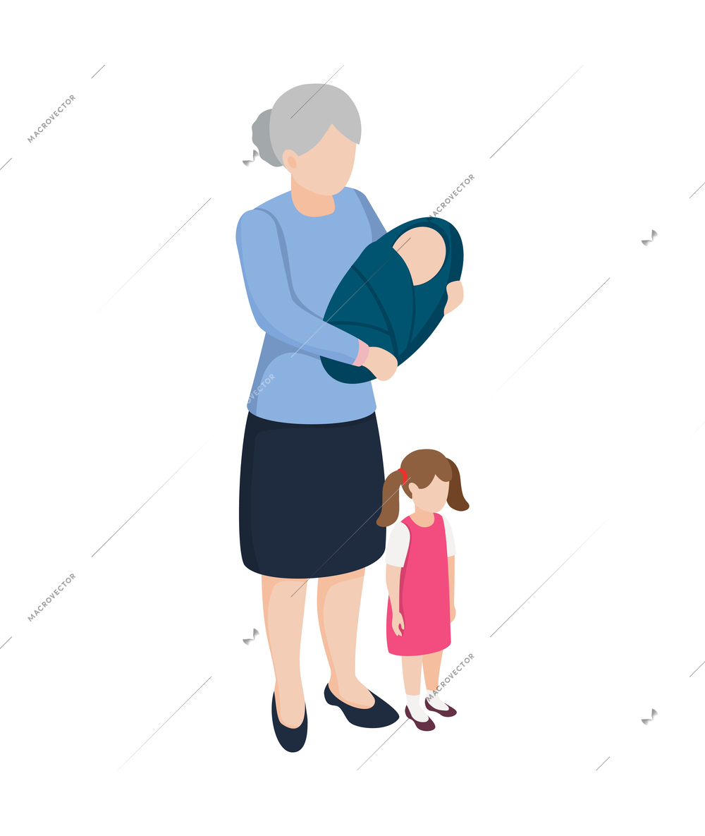 Grandma or senior babysitter with children isometric icon vector illustration