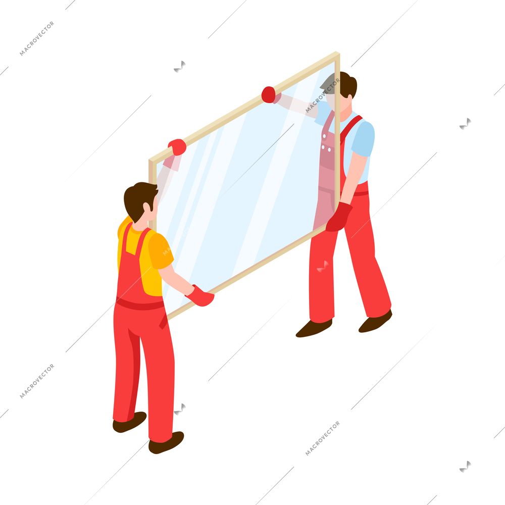 Home repair renovation isometric icon with two workers carrying new window 3d vector illustration