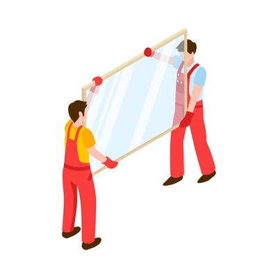 Home repair renovation isometric icon with two workers carrying new window 3d vector illustration