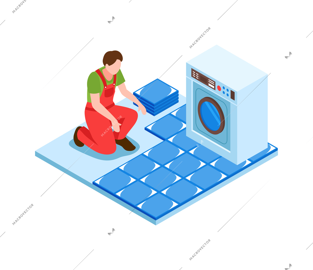 Home repair isometric icon with male worker laying tile in bathroom vector illustration