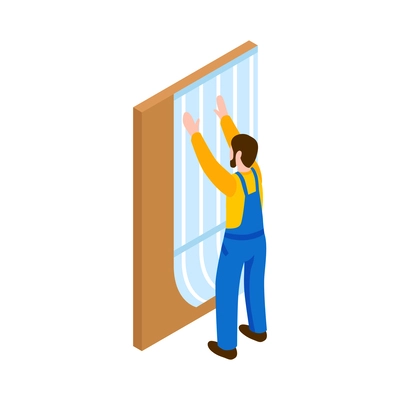 Home repair renovation remodeling service isometric icon with worker in uniform putting up wallpaper vector illustration