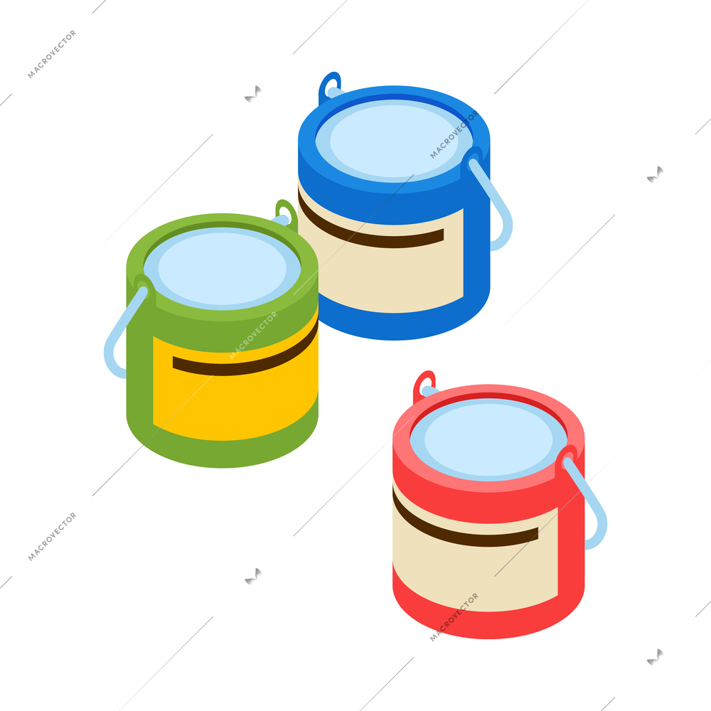 Three buckets of green blue and red house paint isometric icon vector illustration