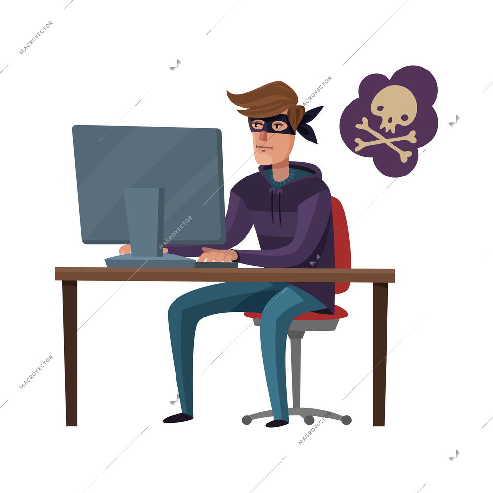 Internet security flat concept with male hacker in front of computer trying to cyber attack vector illustration