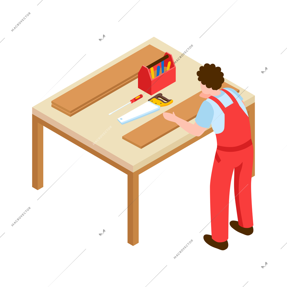 Male carpenter in uniform working with wooden planks isometric icon vector illustration