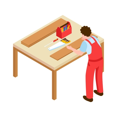 Male carpenter in uniform working with wooden planks isometric icon vector illustration