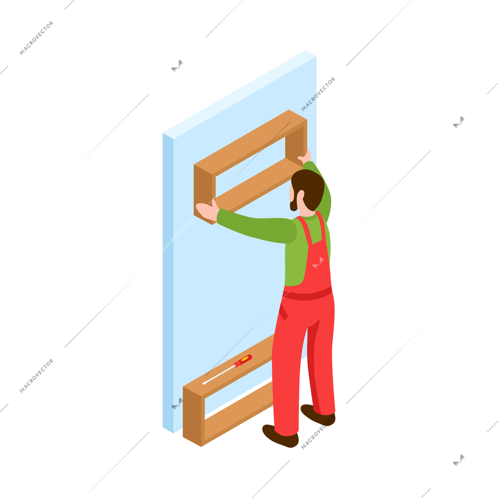 Home repair service isometric icon with worker in uniform hanging shelves on wall vector illustration