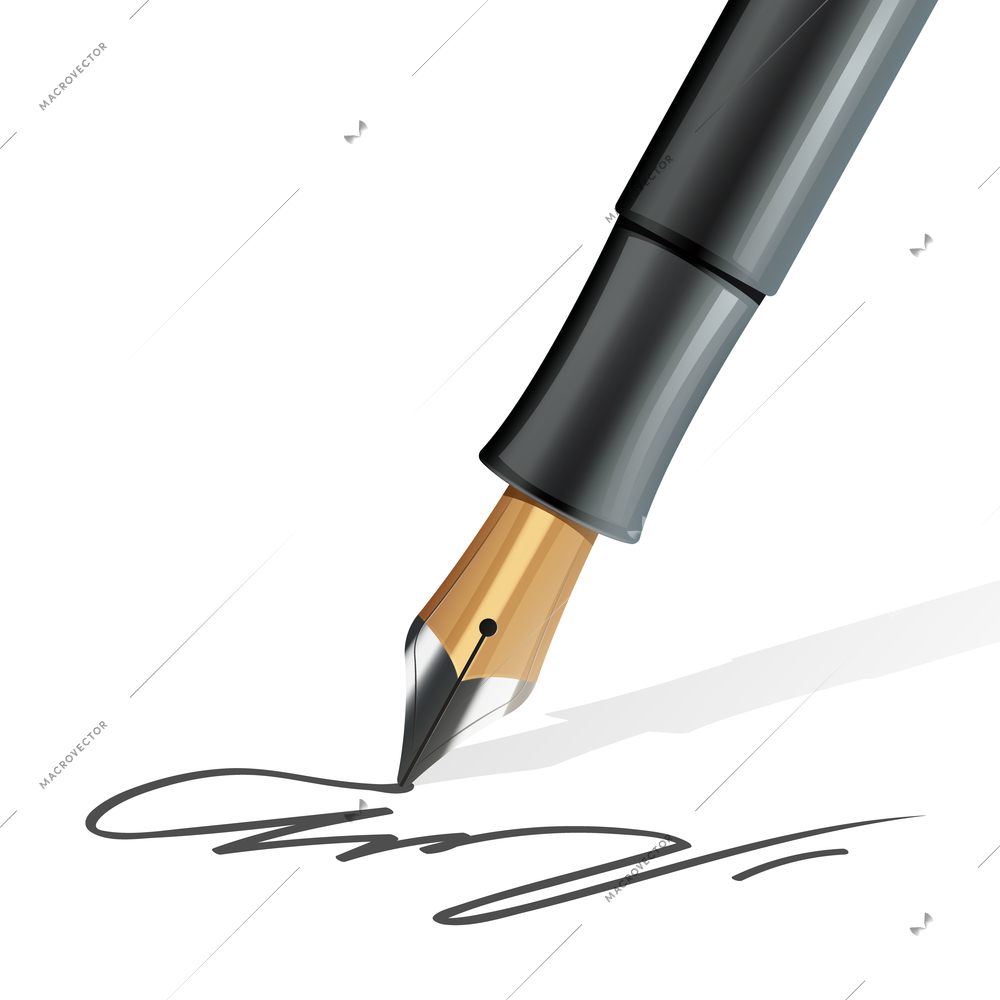 Closeup on fountain pen writing a signature realistic vector illustration