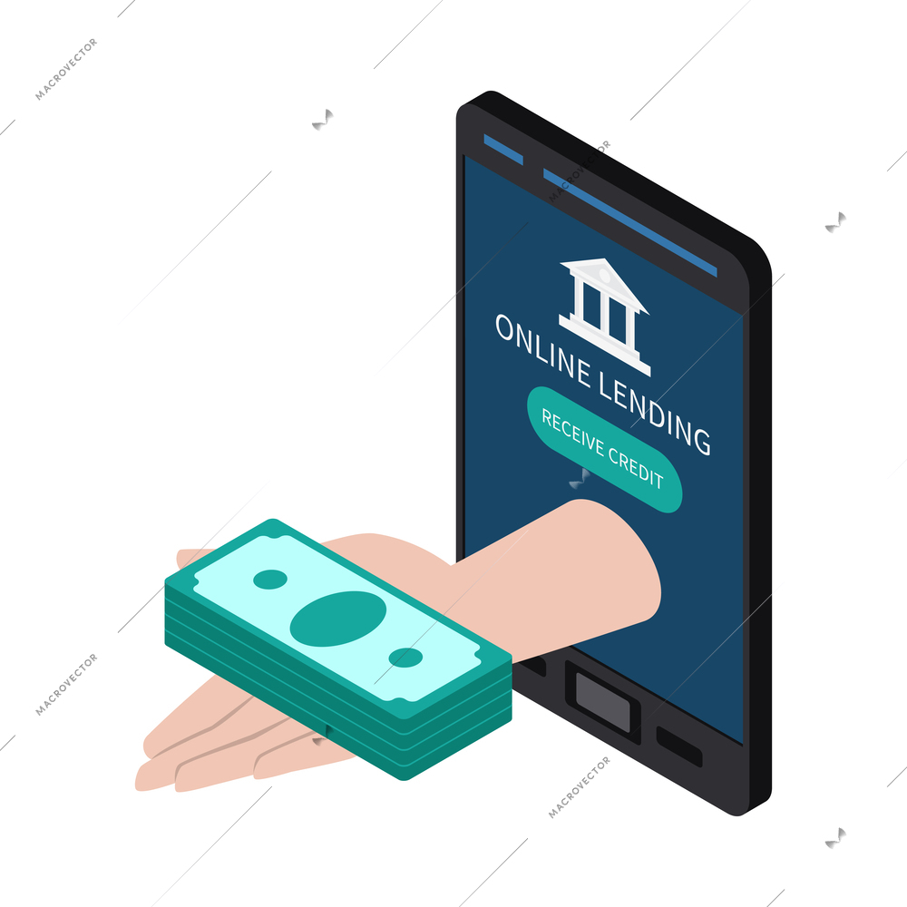 Financial technology online lending isometric icon with human hand holding stack of banknotes vector illustration