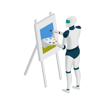 Creative robot painting picture artificial intelligence isometric icon vector illustration