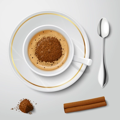 Top view on realistic white cup filled with cappuccino decorated by chocolate crumbs vector illustration