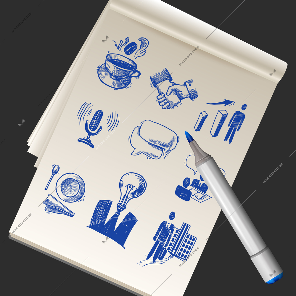 Realistic paper sketchbook with business doodles and marker vector illustration