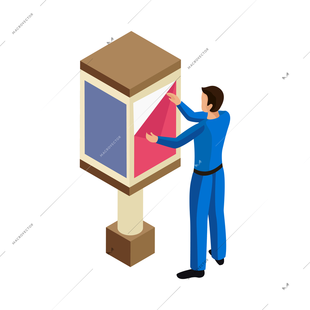 Advertising agency isometric icon with man installing outdoor advertisement poster vector illustration