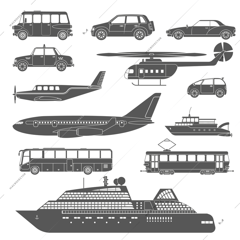 Large detailed black and white transport icons set isolated vector illustration