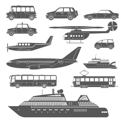 Large detailed black and white transport icons set isolated vector illustration