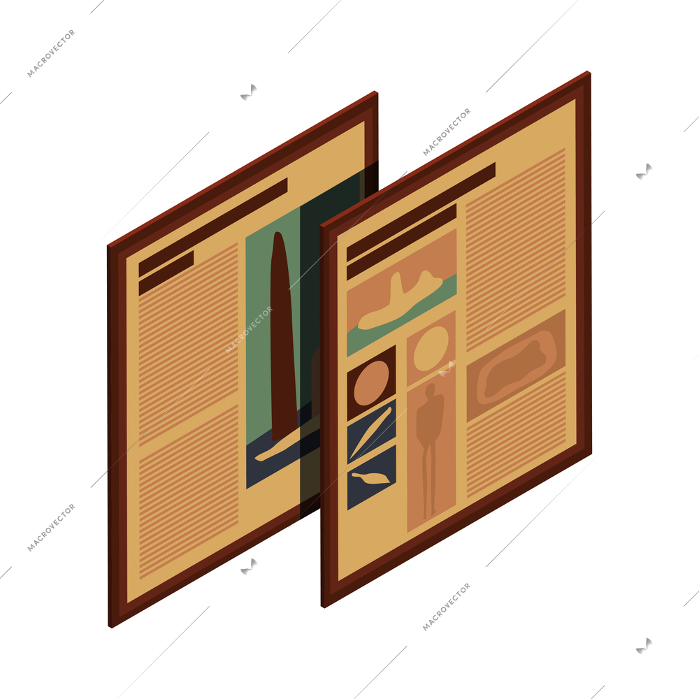 Two posters with information about primitive people museum exhibit isometric icon vector illustration