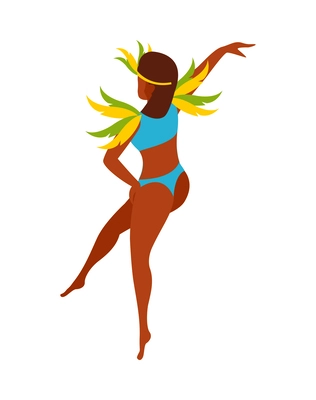 Woman in colorful costume with feathers during dance at brazilian carnival isometric isolated vector illustration