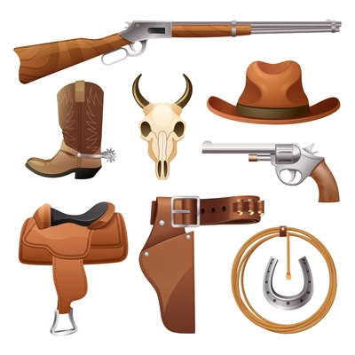 Cowboy elements set with saddle hat horseshoe skull isolated vector illustration
