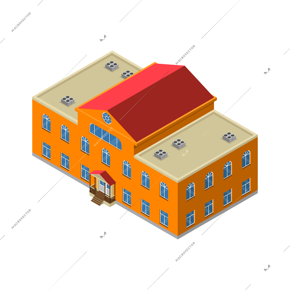 Orange kindergarten or school building isometric icon 3d vector illustration