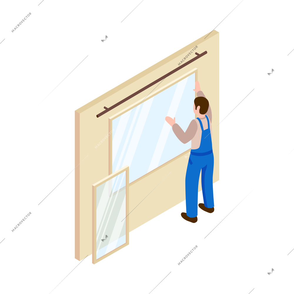 Home repair renovation remodeling service isometric icon with worker installing new windows vector illustration