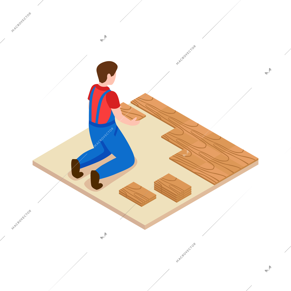 Home repair renovation isometric icon with worker in uniform laying flooring vector illustration