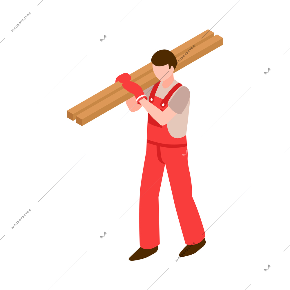 Male builder in red uniform carrying wooden planks isometric character icon vector illustration