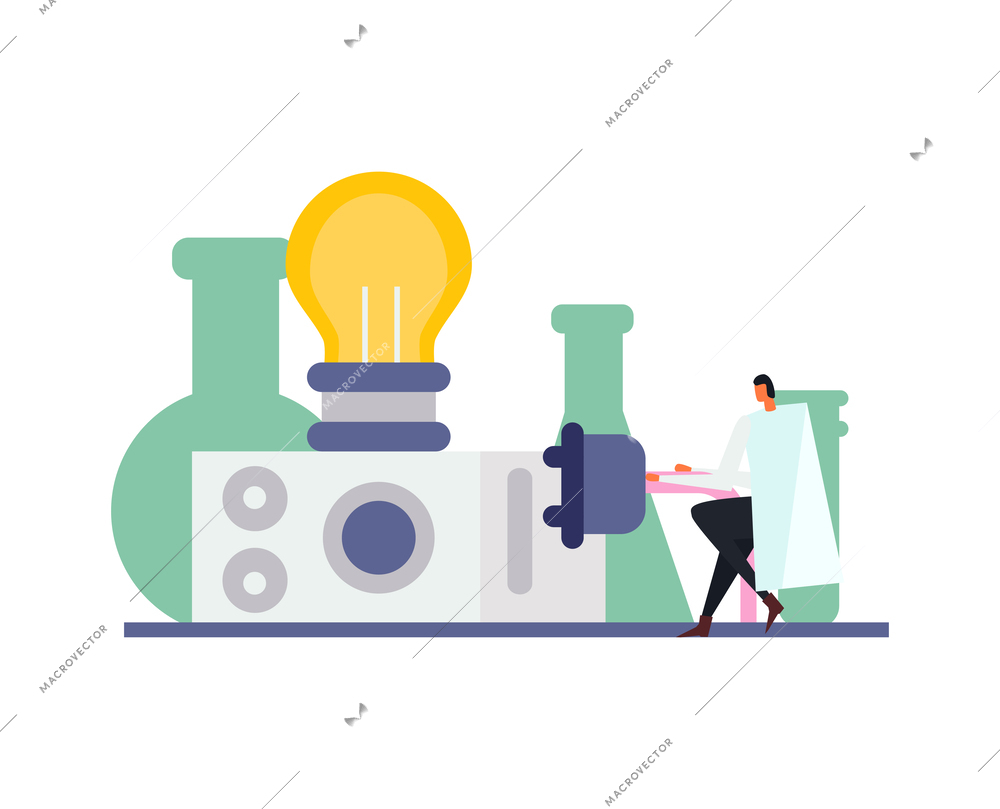 Science lab flat icon with laboratory equipment and human character vector illustration