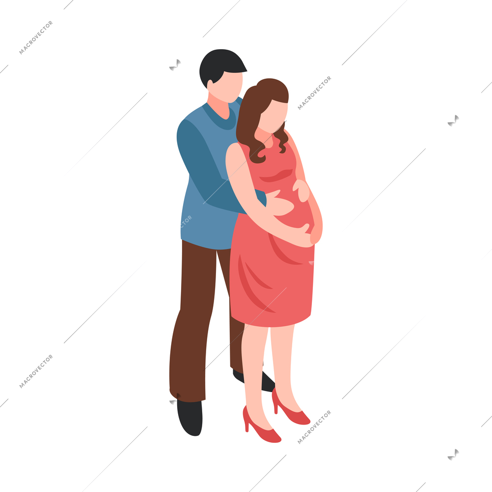 Mum hugging his pregnant wife isometric icon vector illustration