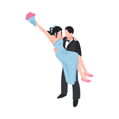 Happy newlyweds isometric icon with bridegroom holding bride with bunch of flowers in arms vector illustration