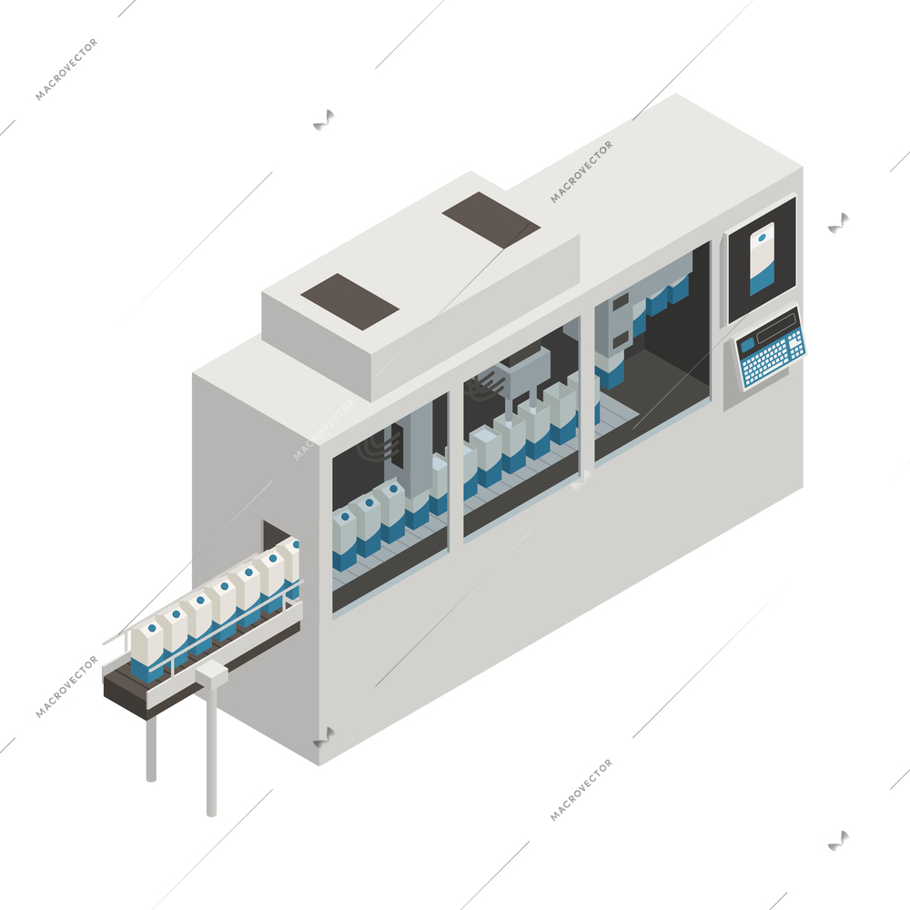 Dairy production isometric icon with cartons of milk on filling line 3d vector illustration