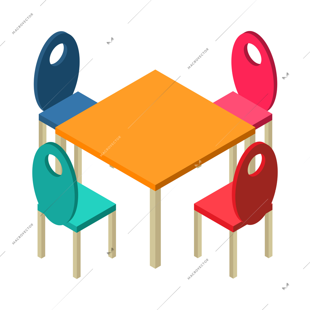 Kindergarten interior isometric icon with dinner table and colorful chairs 3d vector illustration
